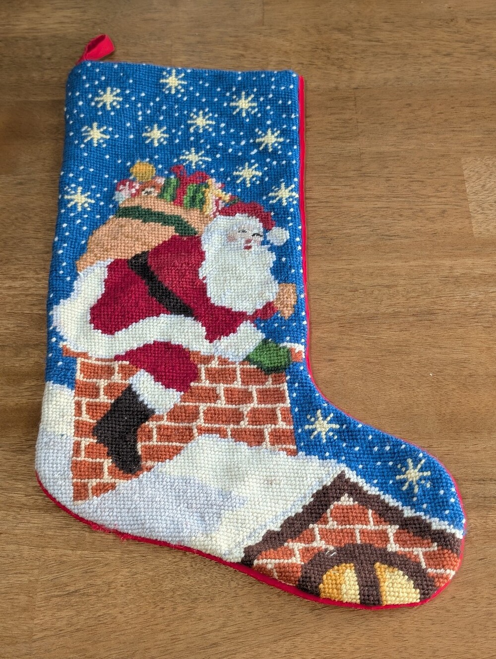 Needlepoint Wool Cotton Red Velvet Christmas Stocking Santa Chimney 17”